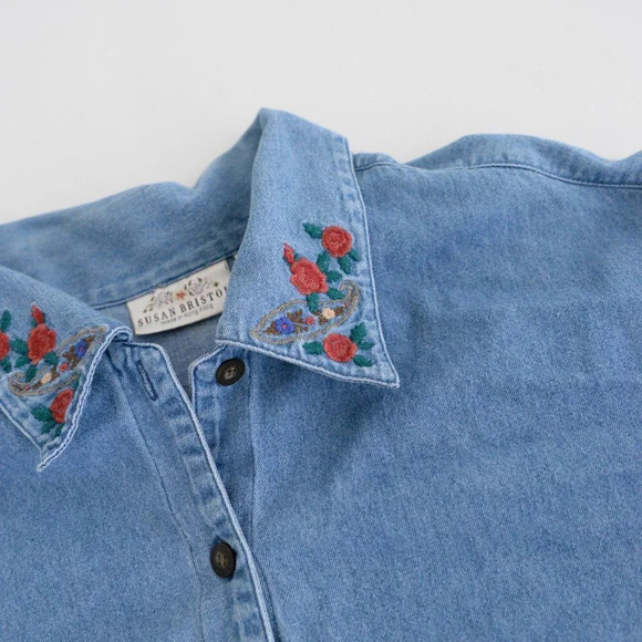 Vintage  Susan Bristol Blue Button Up Floral Collar Denim Chambray Shirt 3W - Picture 11 of 12